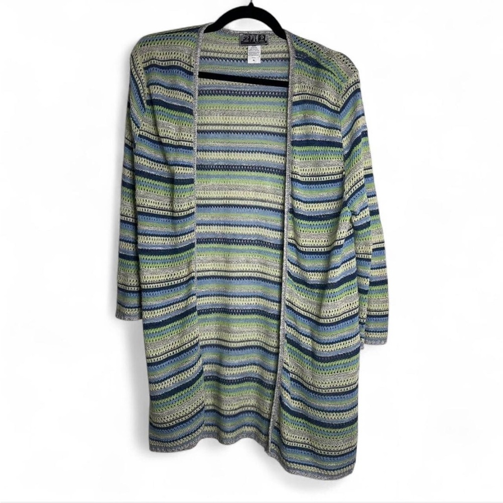 212 New York Crochet Knit Cardigan XL Blue Green Lightweight Boho